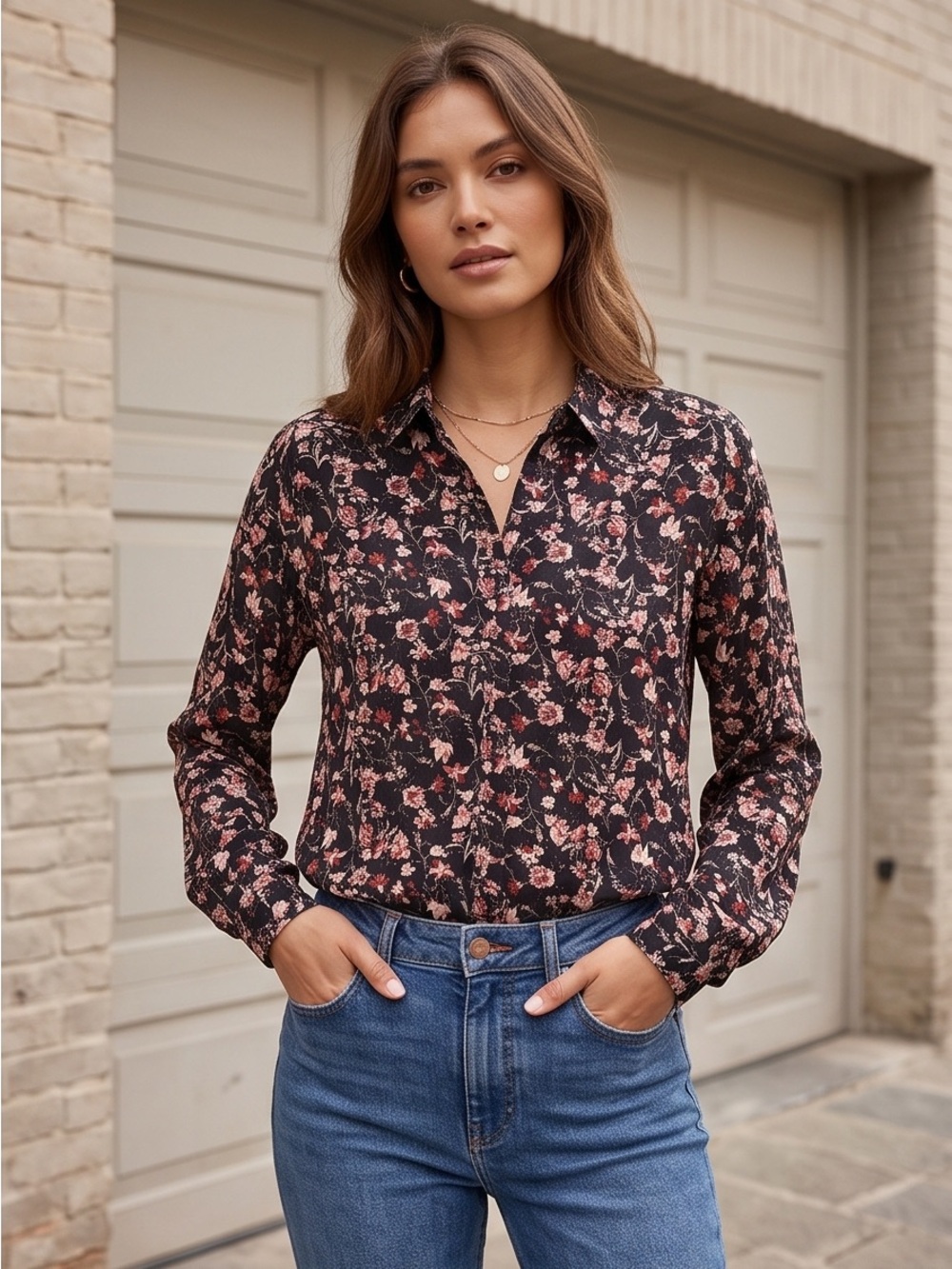 Black Floral 100% Viscose Button-Up Blouse Size XS